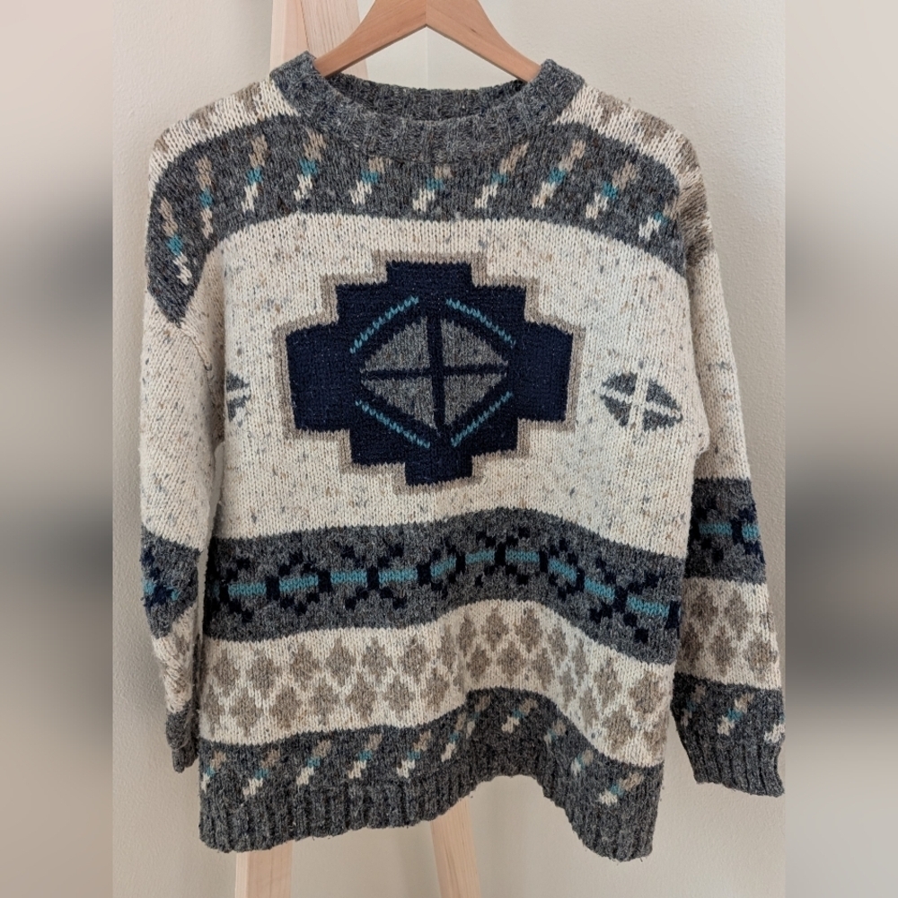 Vintage Chunky Geometric Aztec Patterned Crewneck Sweater In Ivory